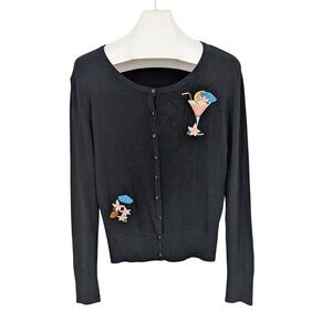 Banned Embroidered Cocktail Knit Cardigan Ribbed Rockabilly Pinup Retro Size 2XL
